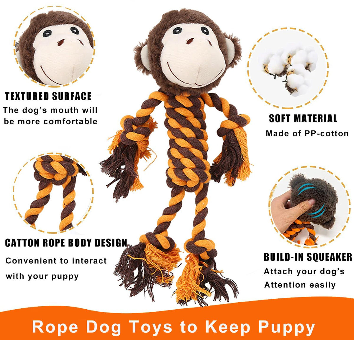 HUGEME Monkey Rope Dog Toy, Plush Elephant Squeaky Dog Toy, 2 Pack