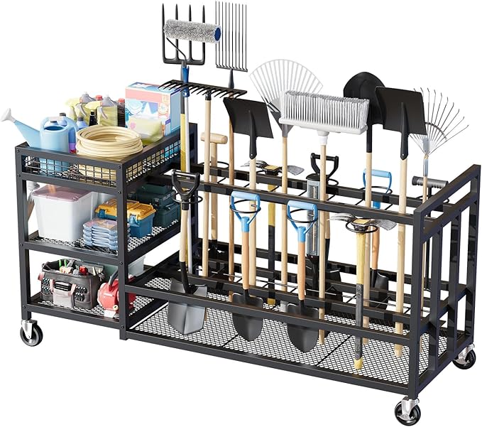 Garden Tool Organizer with Wheels-Movable Garden Tool Rack with Storage Hooks for Long-Handled Tools/Rakes/Brooms/Shovels,Heavy Duty Metal Garden Tool Storage for Garage,Shed,Garden,Black