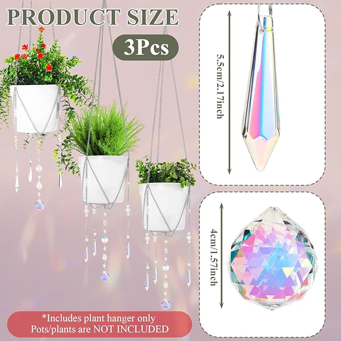 Chunful 3 Pack Sun Catcher Plant Hanger with Beads and Glass Crystal Beaded Plant Hanger Sun Catchers Kit Hanging Basket Accessories for Indoor Home Rainbow Decor, Pots Not Included (Silver)
