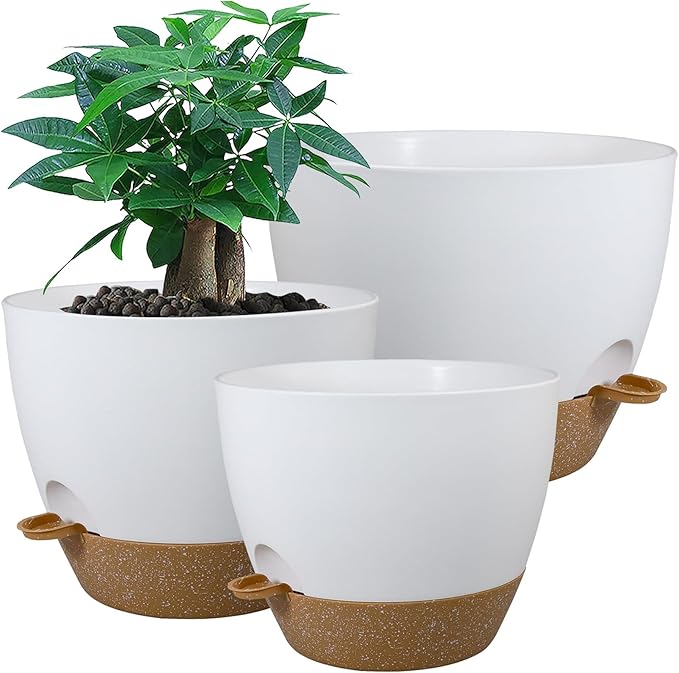 Large Self Watering Pots, 12/10/9 Plastic Planters with High Drainage Holes and Deep Reservoir for Indoor Outdoor Garden Plants and Flowers, White with Brown