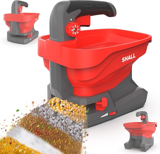 SHALL Battery Powered Fertilizer Spreader, 7.2V Rechargeable Seed Spreader for Salt, De-Icer, Earth Food, Grass Seed, 8-Level Settings and 3.3L Large Capacity Spreading up to 6458 sq.ft