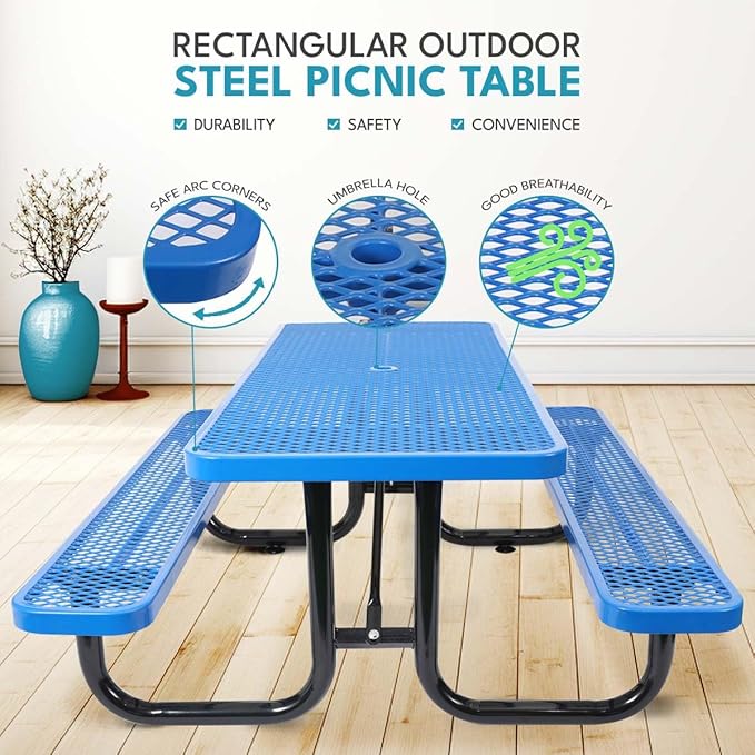 6 ft. Rectangular Outdoor Steel Picnic Table with Umbrella Pole, Heavy-Duty Weather-Resistant Dining Table for Patio, Backyard, and Garden, Rust-Resistant Finish, Blue