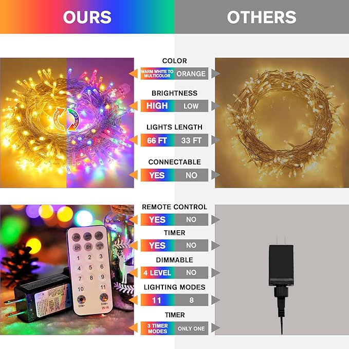 JMEXSUSS 200 LED Christmas String Lights Outdoor Waterproof, 66ft Color Changing String Lights Plug in, Warm White & Multicolor Christmas Lights for Trees Yard Wedding Xmas Party