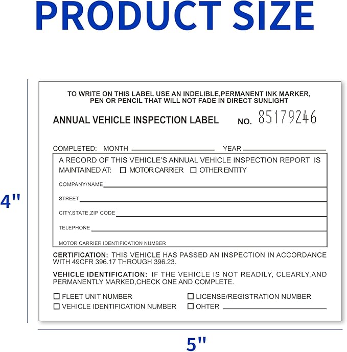 Annual Vehicle Inspection Label 50 Pack Interior Vehicle Inspection 2-Ply Adhesive Vinyl with Mylar Laminate 5" x 4" Meet DOT Requirements