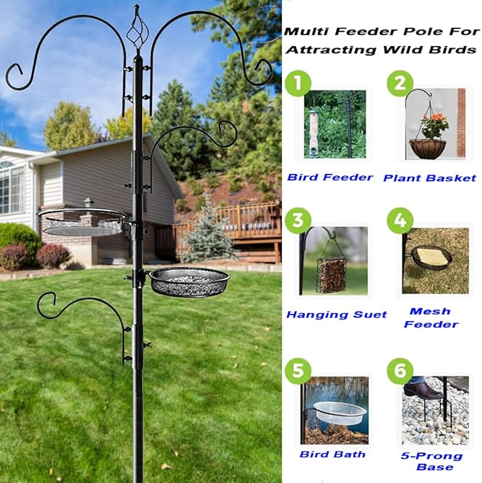 Ashman Deluxe Bird Feeding Station (4 Pack) Bird Feeders for Outside - Multi Feeder Pole Stand Kit with 4 Hangers, Bird Bath and 3 Prong Base for Attracting Wild Birds - 22 Inch Wide x 92 Inch Tall.