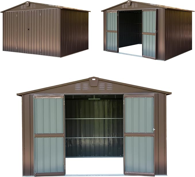 Domi Outdoor 10' x 8' Storage Shed, Metal Steel Utility Tool Shed Storage House with Double Lockable Doors & Air Vents for Backyard Patio Garden Lawn Brown