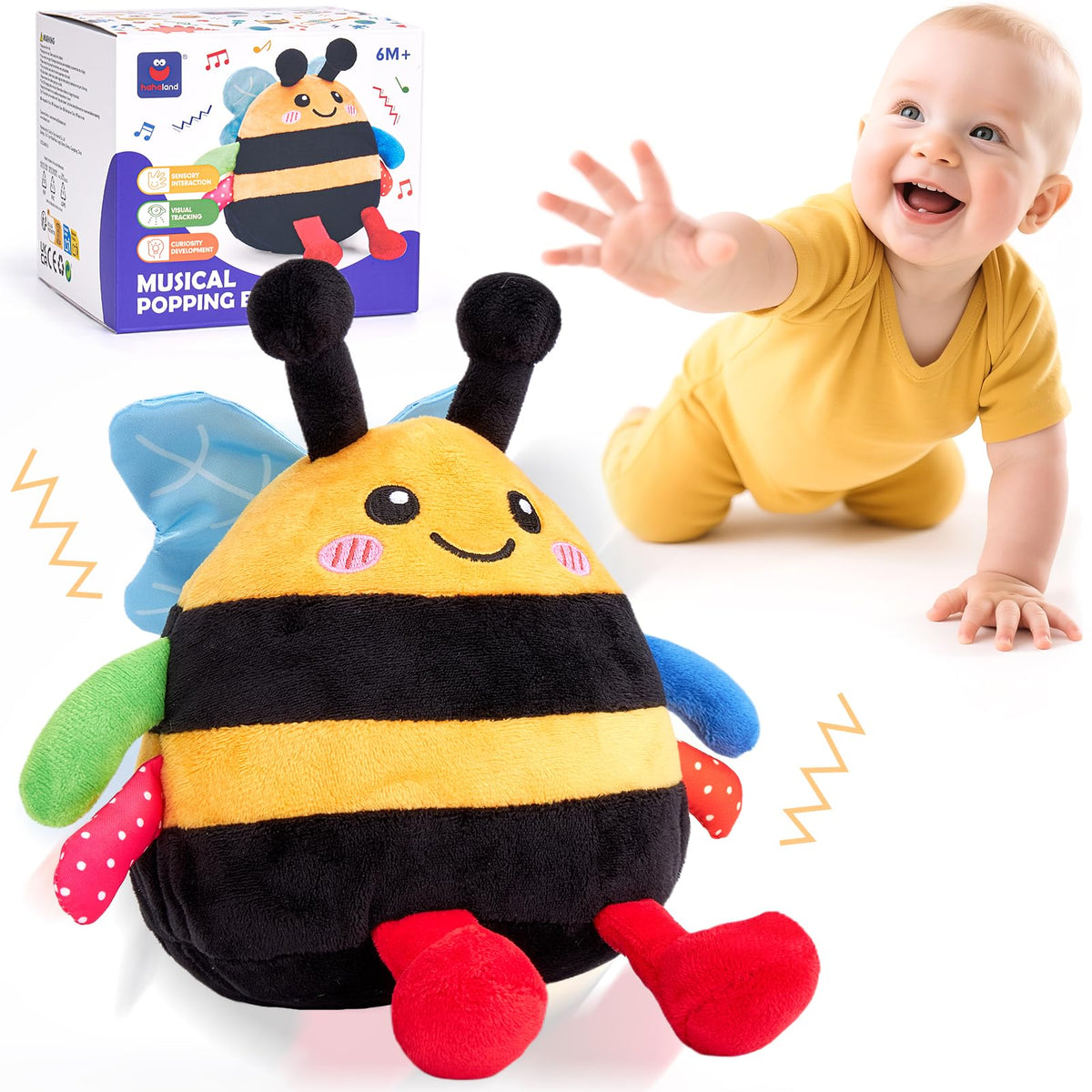 hahaland Musical Tummy Time Bouncing Plush Bee Crawling Toy for 6 Month