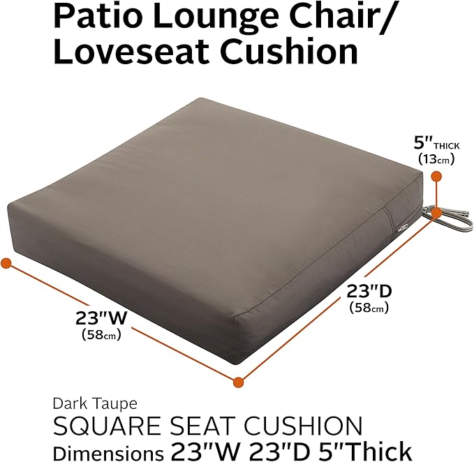 Classic Accessories Ravenna Water-Resistant 23 x 23 x 5 Inch Square Patio Seat Cushion Slip Cover & Foam, Dark Taupe, Lounge Chair Cushion