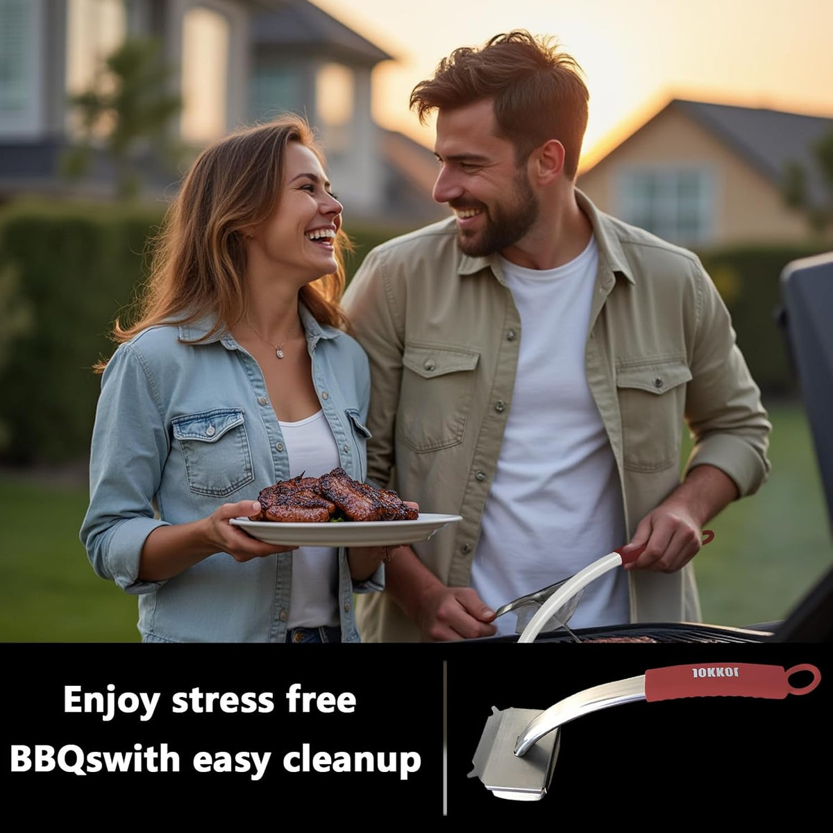 Grill Brush Bristle Free with Hanging Loop,BBQ Safe steam Grill Brush Non Metal bristles,Stainless Steel Cleaning Brush,Includes 2 Replaceable Heads Red