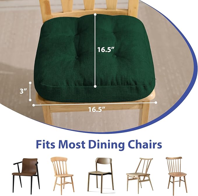 Chair Cushions for Dining Chairs, Dining Chair Cushions, Tufted Indoor Chair Pads with Ties & Non Slip Backing, Seat Cushions for Kitchen Chairs 16.5” x 16.5” x 3.5”, Set of 6, Green
