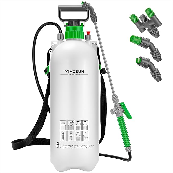 VIVOSUN Pump Sprayer 2.1 Gallon, Portable Water Spray Bottle in Lawn and Garden Yard, Weed Sprayer for Plants with 3 Nozzles, Adjustable Shoulder Strap, Pressure Relief Valve