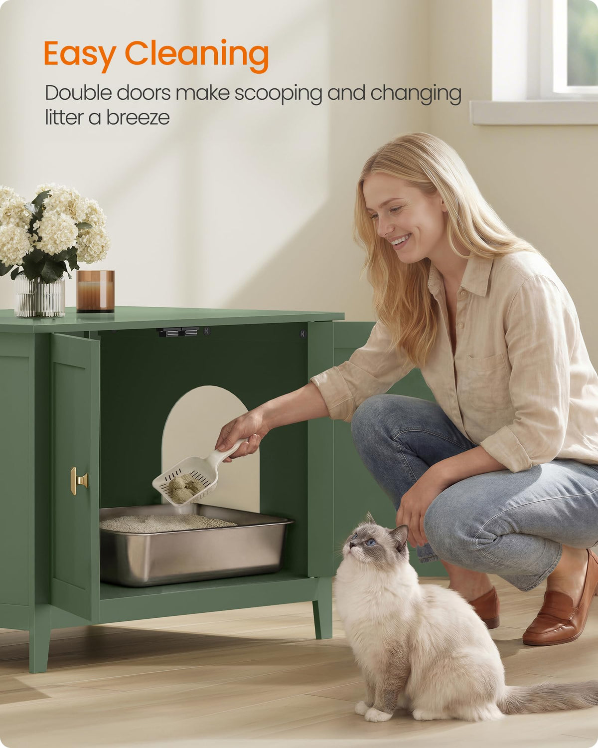 Feandrea Cat Litter Box Enclosure, Double Doors, Handles