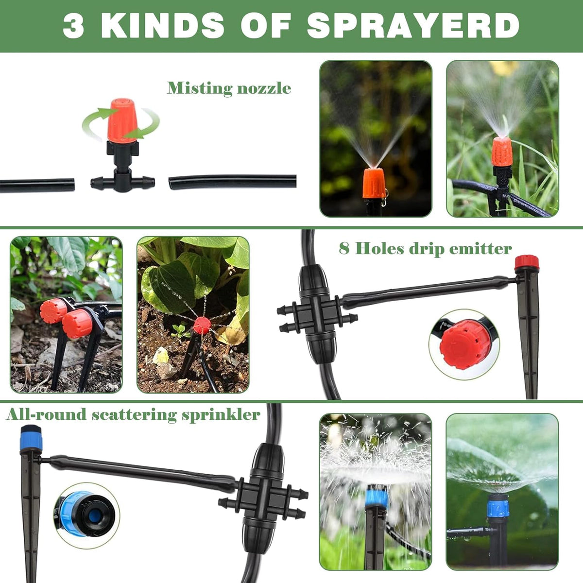 200FT+40FT Drip Irrigation System, Garden Watering System with 8/11mm Main Tubing 4/7mm Distribution Irrigation Tubing and Accessories, Irrigation System for Garden, Greenhouse, Yard, Lawn, Plant