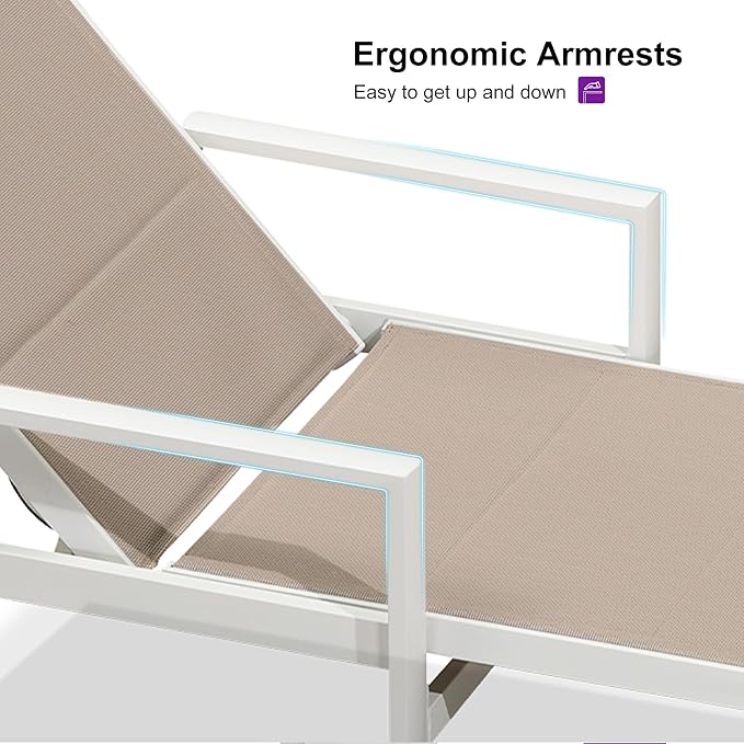 PURPLE LEAF Outdoor Chaise Lounge Adjustable Sunbathing Recliner with Armrest Khaki 2 Sets