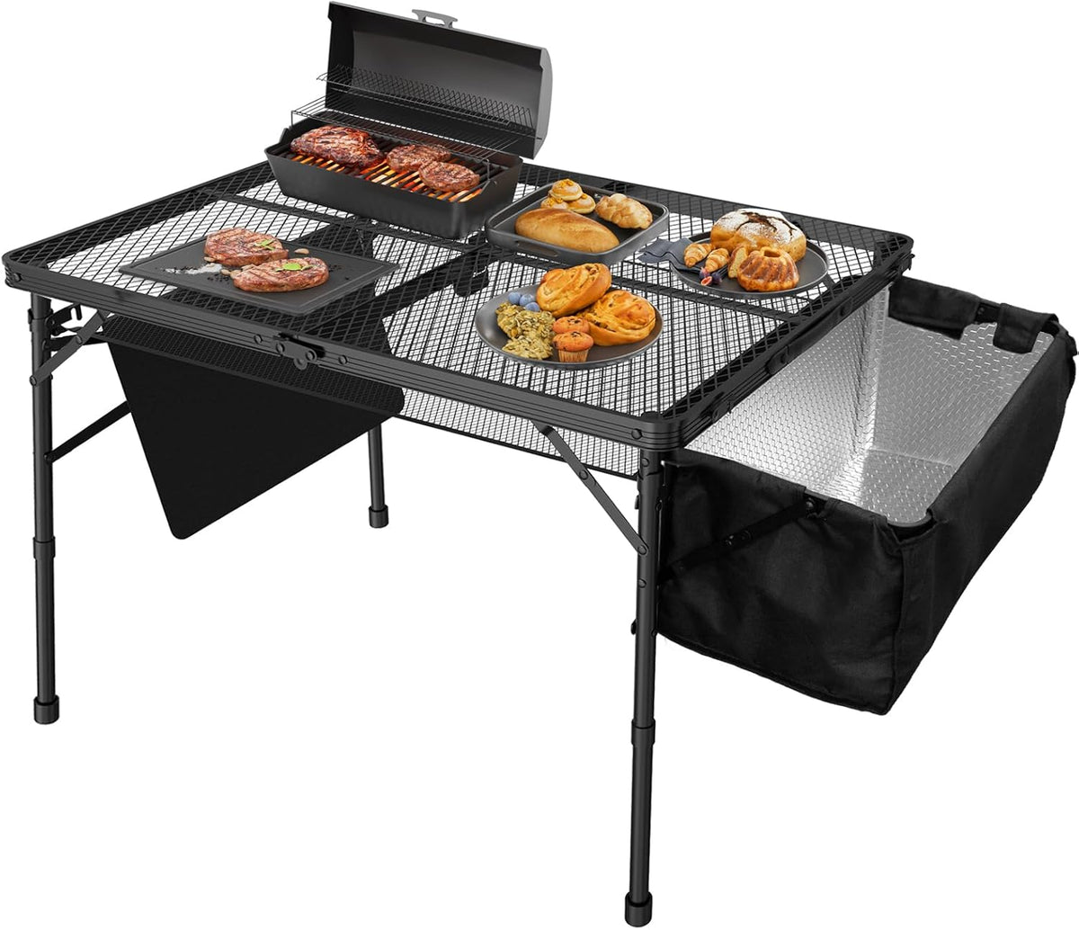 Portable Folding Grill Table with Sink for Outdoor, Lightweight Aluminum Frame Folding Grill Stand Picnic Table Camping Cooking BBQ, RV Picnic,2 Heights Adjustable(Black)