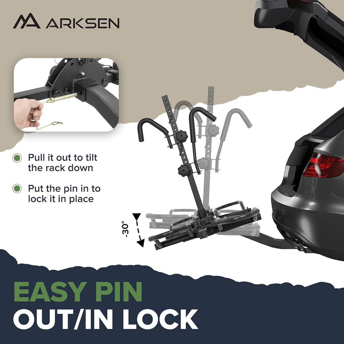 Arksen Hitch Mounted Bike Rack Smart Tilting 2-Bike Platform Style 150 lbs Capacity Carrier for Standard, Fat Tire and Electric Bicycle Fits SUV Pickup Truck RV Camper - 2 inch Receiver