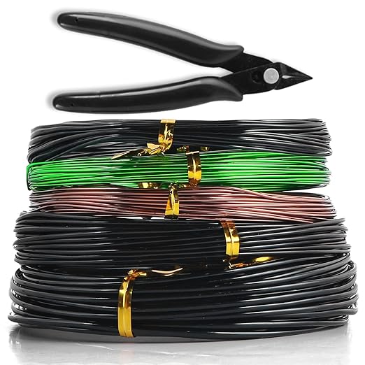 Sanlykate Bonsai Wire Tool Kit with Cutter, 5 Roll Tree Training Wires 164 Feet Total, 1.0mm, 1.5mm, 2.0mm Anodized Aluminum Wire Set, Hold Plant Branches Trunks (Black, Green, Brown)