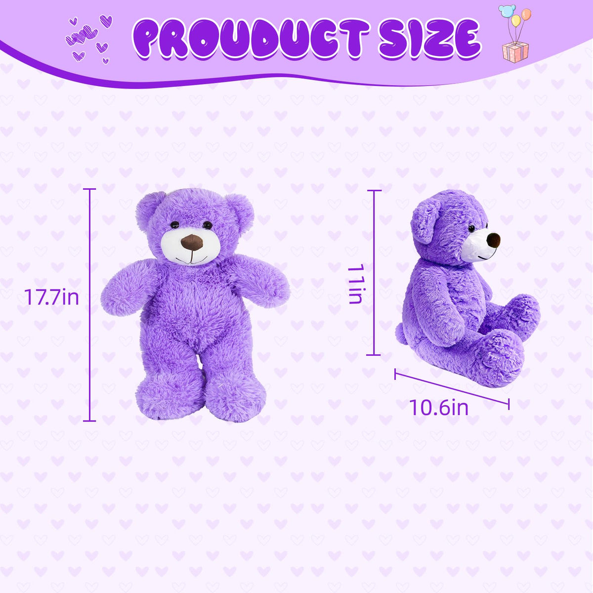 SRANWOW Plush Teddy Bear, 17.7 inch, Soft Stuffed Animal Toy, Available in White, Blue, Pink, Gray, Brown, Purple (Purple)