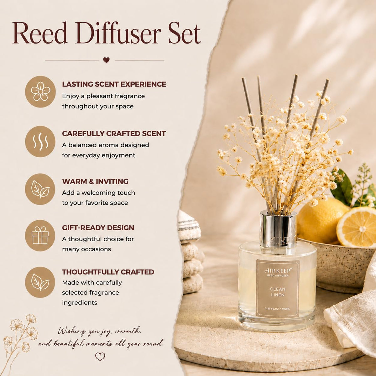 Airkeep Reed Diffuser Set,3.38 fl oz (100 ml) - Clean Linen Oil Diffusers with 8 Reed Sticks,Home Fragrance Reed Diffuser for Bathroom Shelf Decor