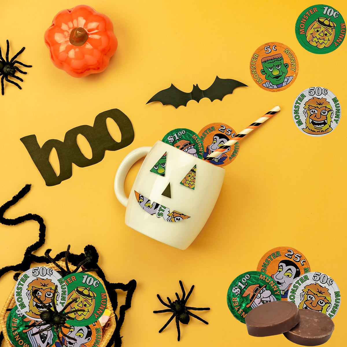 Fruidles Halloween Monster Money Coins Munny, Trick-Or-Treat Party Bag Fillers, Individually Wrapped in Orange, Green, Silver Coin Design Foils
