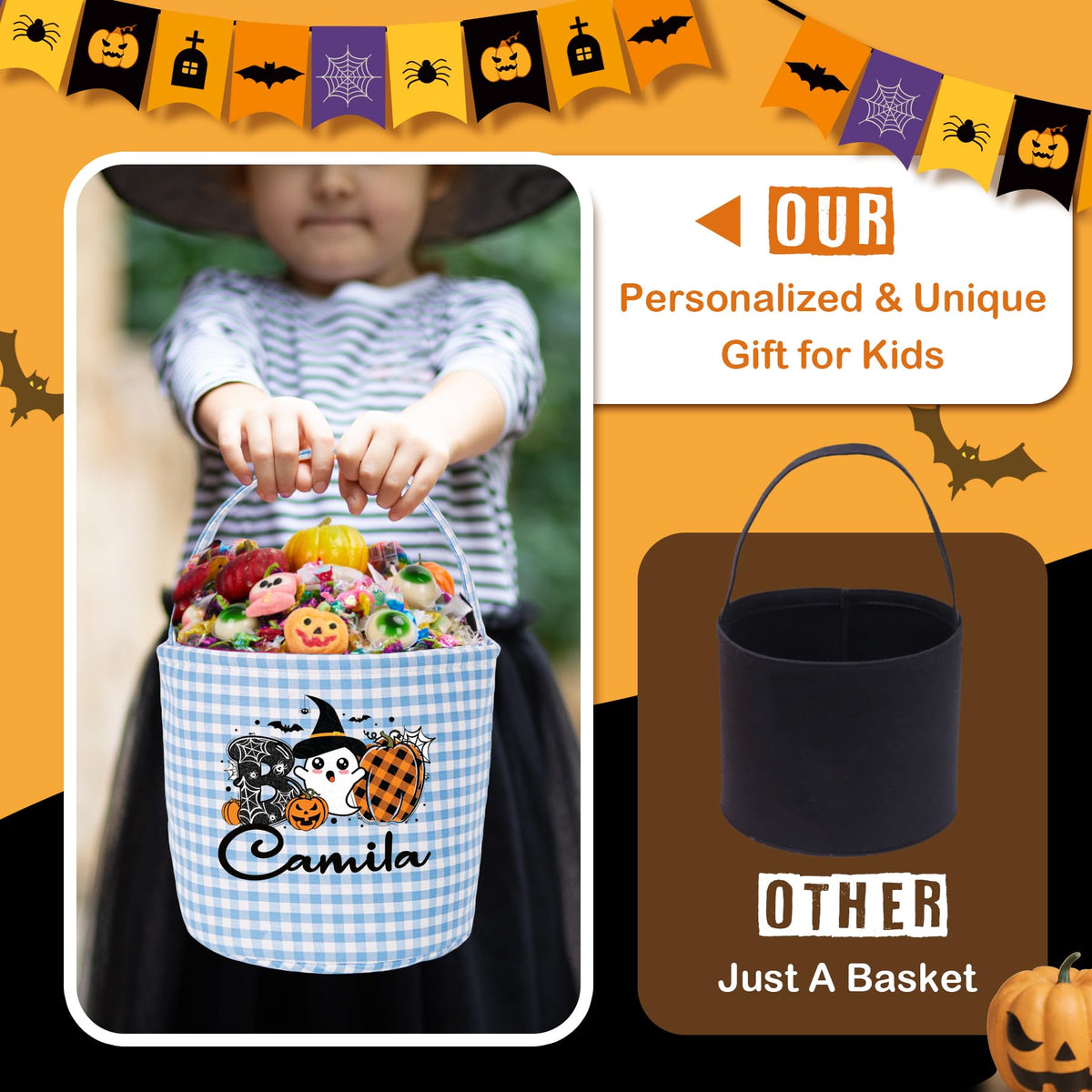 Personalized Halloween Basket - Monogrammed with Name,Pumpkin,Custom Trick or Treat Bucket,Halloween Gifts Basket,Candy Bags for Halloween Party Favor