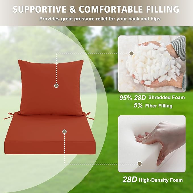 Outdoor Cushions for Patio Furniture, Waterproof Outdoor Chair Cushion w/Fade-Resistant, Removable & Machine-Washable Cover, 22x22 Inch, Deep Seat Sofa/Couch Pad Replacement – Set of 2, Rust