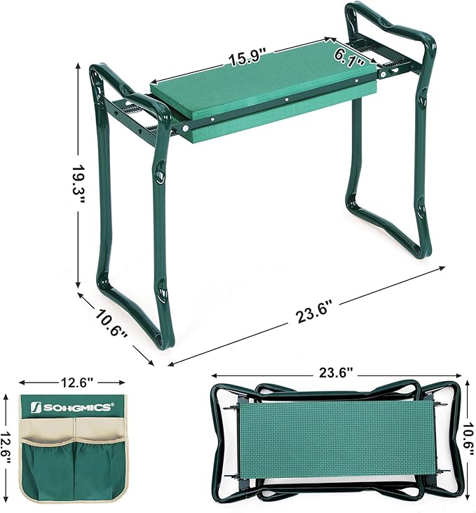 SONGMICS Garden Kneeler and Seat, Multifunctional Garden Kneeling Bench, Gardening Gifts for Women Men, Folding Gardening Stool, with 1 Tool Bag, 6-Inch Wide Kneeling Pad, Dark Green UGGK49L