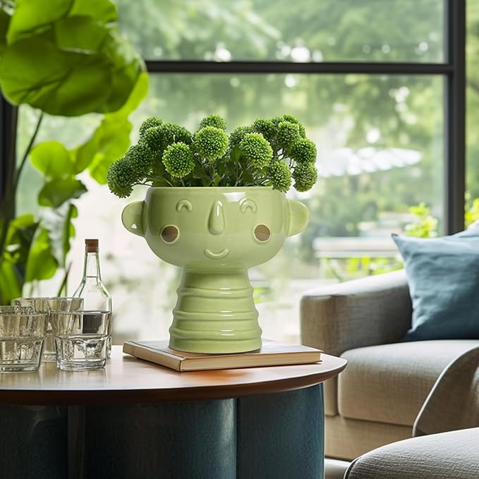 Face Planter Pots Head - 7 Inch Ceramic Succulent Plant Pots with Drainage Hole, Cute Head Planters for Indoor Outdoor Plants, Room Desk Office Decor, Plant Lover Gifts, Green
