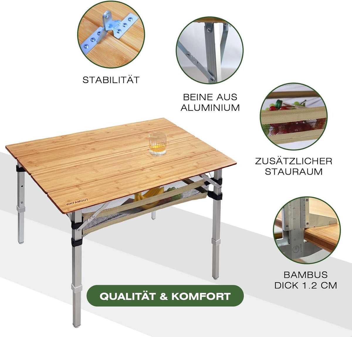 Bamboo Folding Camping Table 4 Folds with Adjustable Aluminum Legs Portable Picnic Table with Storage and Carry Bag for Outdoor Hiking Beach 3-5 Person