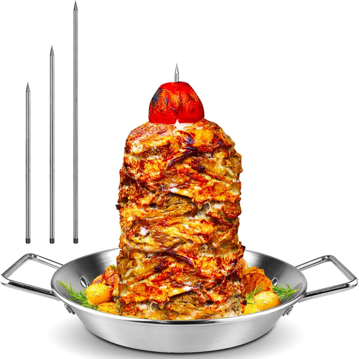 Al Pastor Skewer for Grill, 304 Stainless Steel Vertical BBQ Stand with 3 Removable Spikes (8"/10"/12") - Heavy-Duty Shawarma Rotisserie for Tacos, Gyros, Kebabs, Smoker Oven