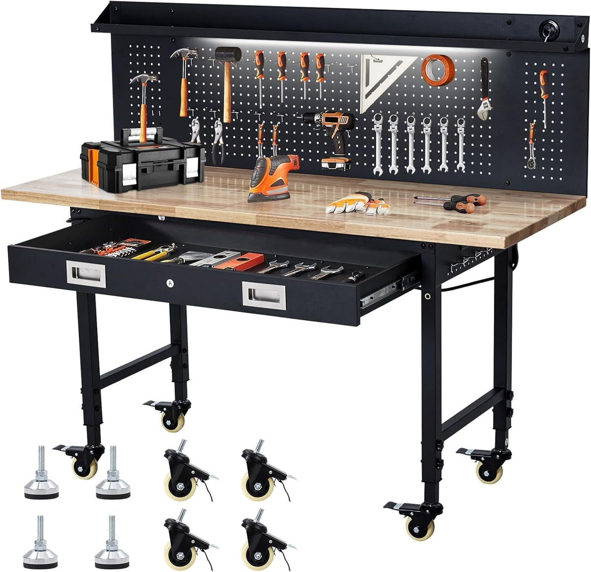 60-Inch Garage Workbench with Wheels, Adjustable Rubber Wood Top Garage Workbench with Pegboard & Drawer & Power Outlet, 2000 lbs Load Capacity, for Workshop, Woodworking, Office