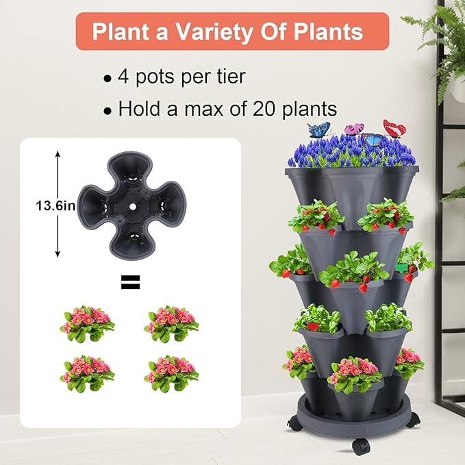 Vertical Planter, 5 Tier Stackable Strawberry Planter with Garden Tool Set, Movable Indoor/Outdoor Garden Herb Pot for Growing Vegetables and Succulents, Dark Gray