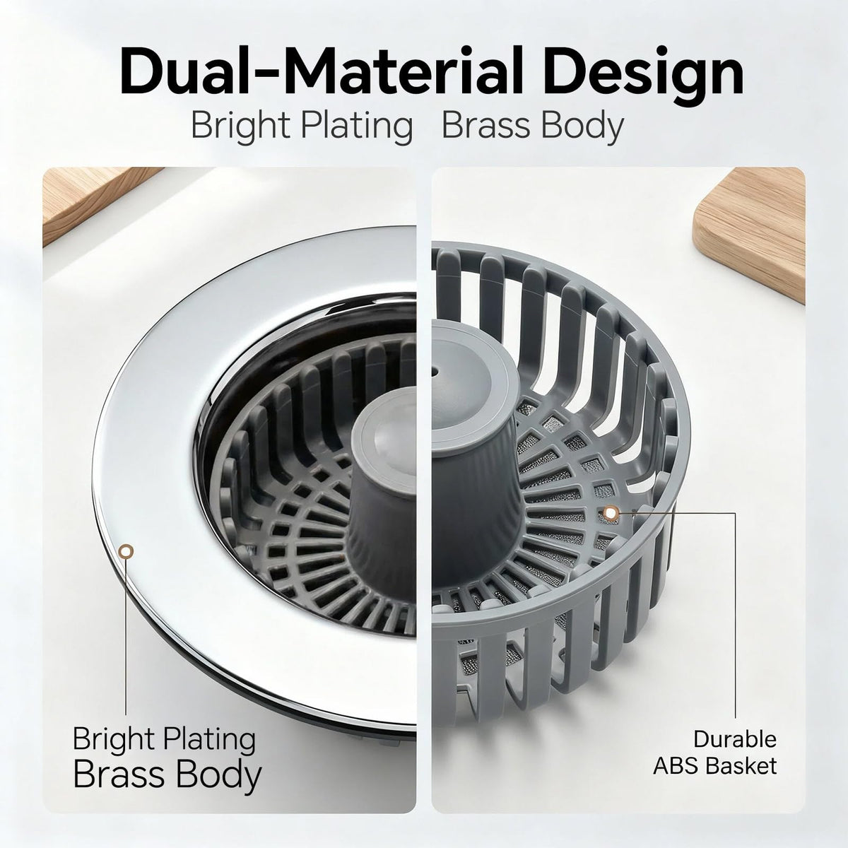 Blazeavian Solid Brass Body 3-in-1 Kitchen Sink Drain Strainer & Stopper, Heavy Duty Pop Up Plug Assembly with 2 Baskets, Anti-Clog Replacement for US Standard 3-1/2 Inch Drains, Rust-Proof Silver