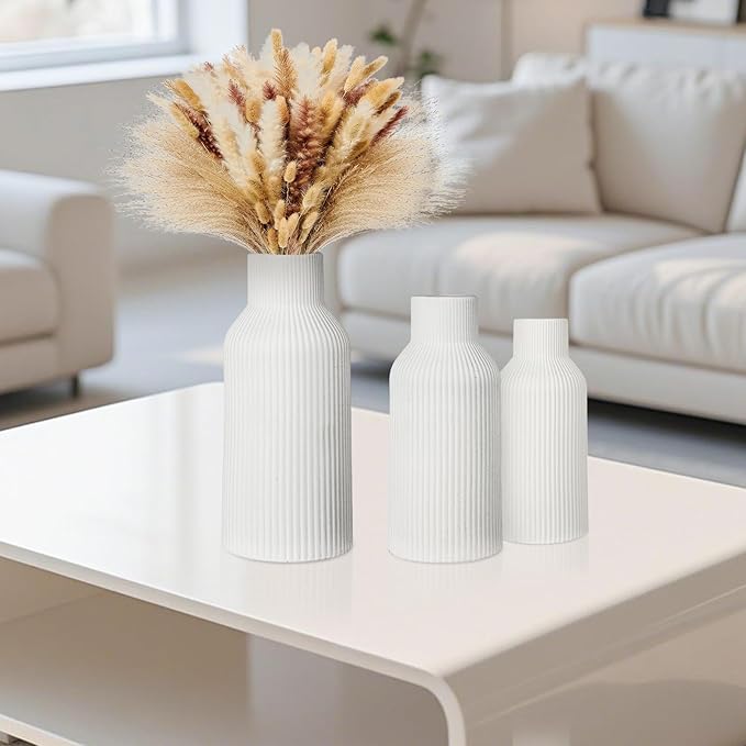 Ceramic Vase Set of 3, White Vase for Modern Home Decor, Decorative Vases for Bouquet Pampas Grass Dried Flowers, Living Room, Bedroom, Bathroom, Shelf Centerpiece Table Decorations