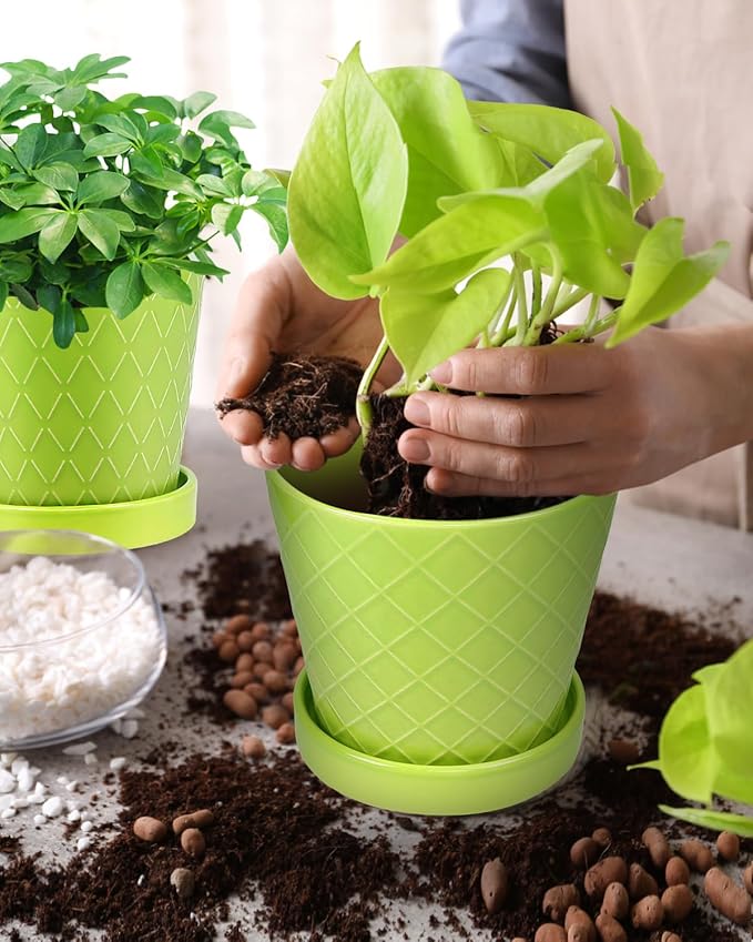 EFISPSS 5 Inch Ceramic Plant Pots Indoor, Planters with Drainage Holes and Ceramic Tray, Relief Design Flower Planter，Desktop Office Windowsill Decoration Gift Set of 4 - Green