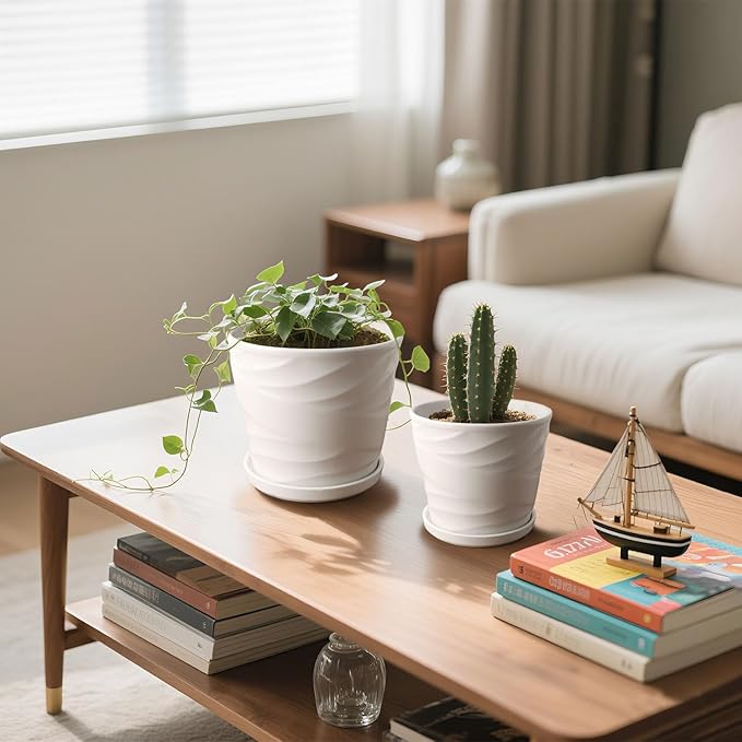 6.7 + 5.5 Inch Plant Pot, Ceramic Planter with Drainage and Saucer，Ceramic Pots for Plants, Indoor Plant pots，Succulent Orchid Flower Pot(Pure White)