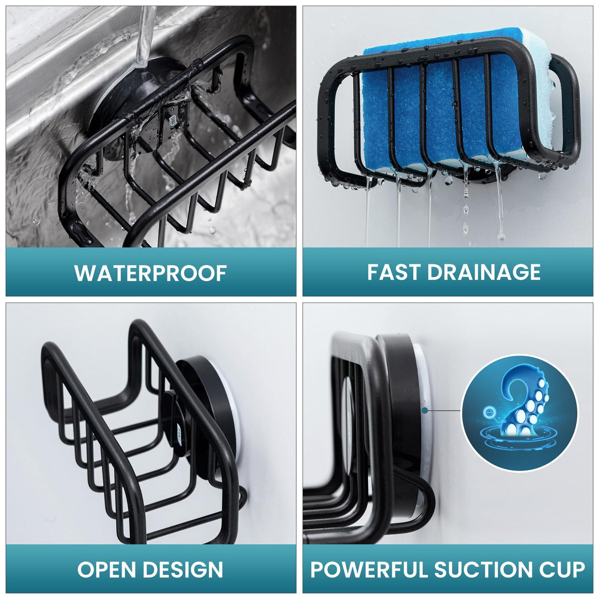 TAILI Rustproof Sponge Holder for Kitchen Sink with Suction Cup-Black