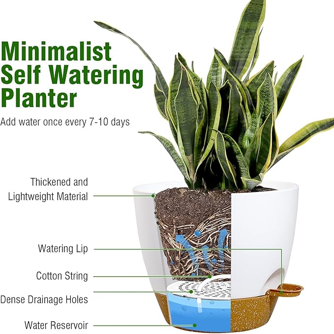 10/9/8 inch Self Watering Pots, Set of 3 Plastic Planters with Mesh Drainage Holes and Deep Reservoir for Indoor Outdoor Garden Plants and Flowers, White with Brown