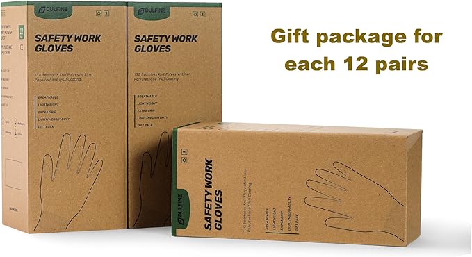 DULFINE Work Gloves for Men PU Coated 12 Pairs Bulk Pack,Pink Seamless Knit Glove with thin Polyurethane,Two Finger Touchscreen, for Men and Women, Ideal for Light Duty Work. (Medium)