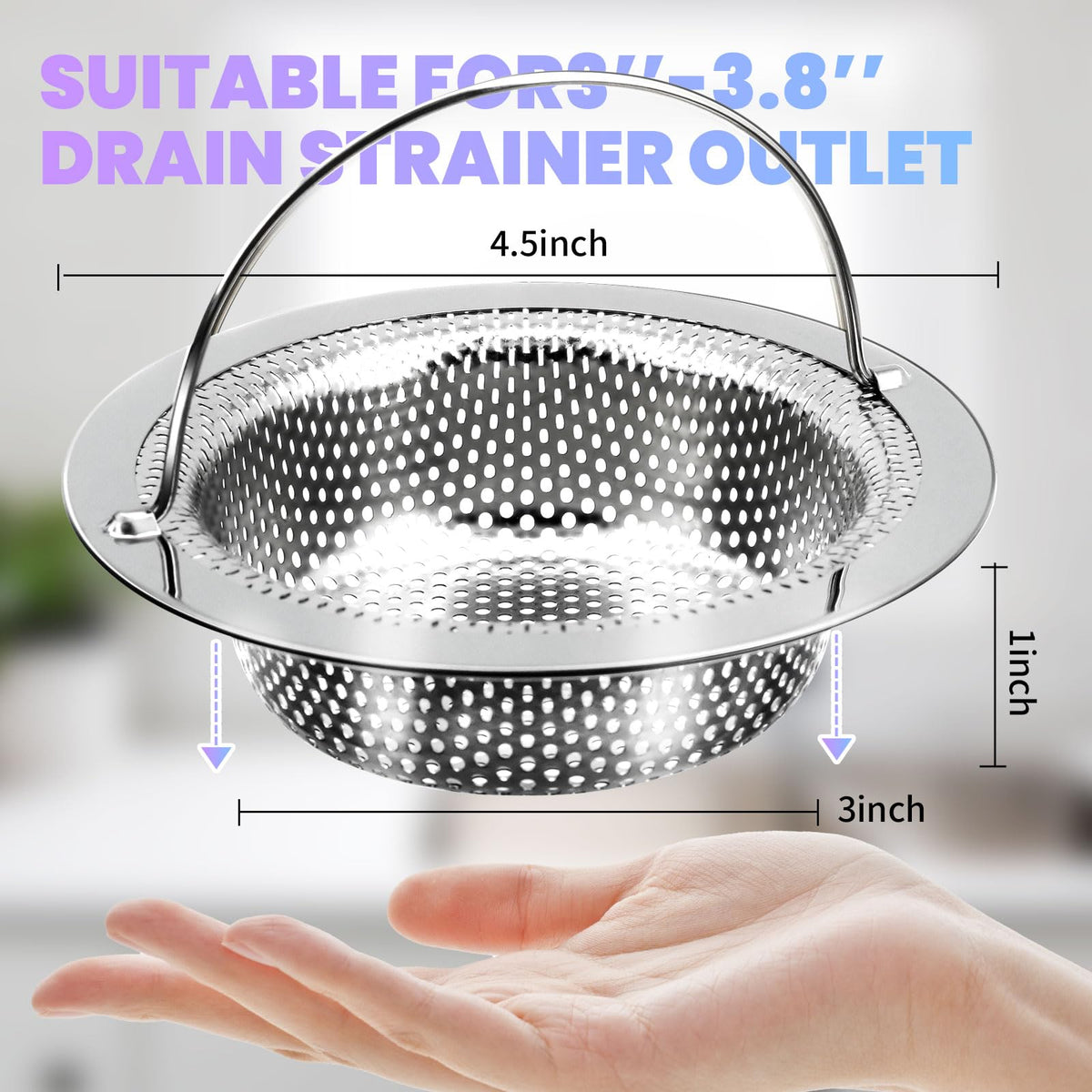 Giramika 2 Pack Kitchen Sink Drain Strainer with Handle, Stainless Steel Large Kitchen Sink Drain Basket Food Catcher, Outer Diameter 4.5 Inch, Rust Free