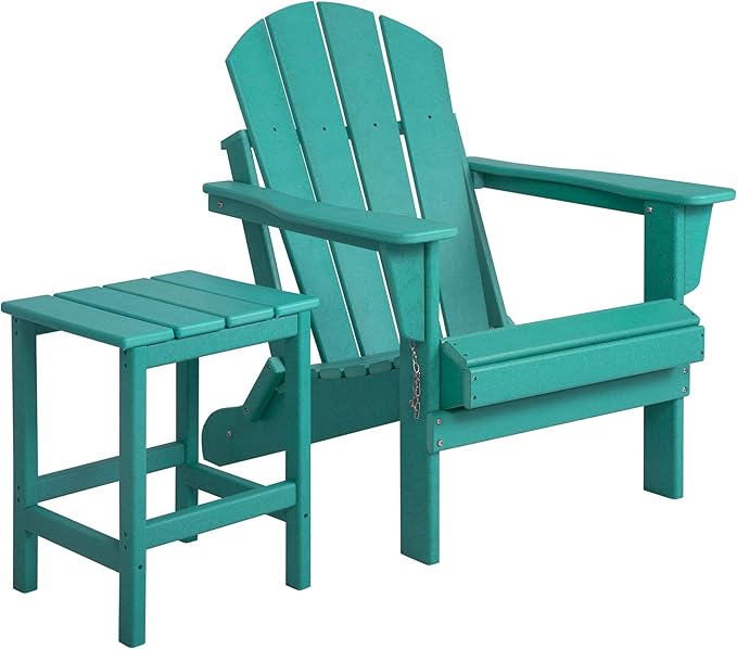 WO Home Furniture Adirondack Chair Table Set of 2 PCS Outdoor Folding Chair w Side Table Weather/UV Resistant for Lawn, Garden, Bon Fire, Balcony (Turquoise)