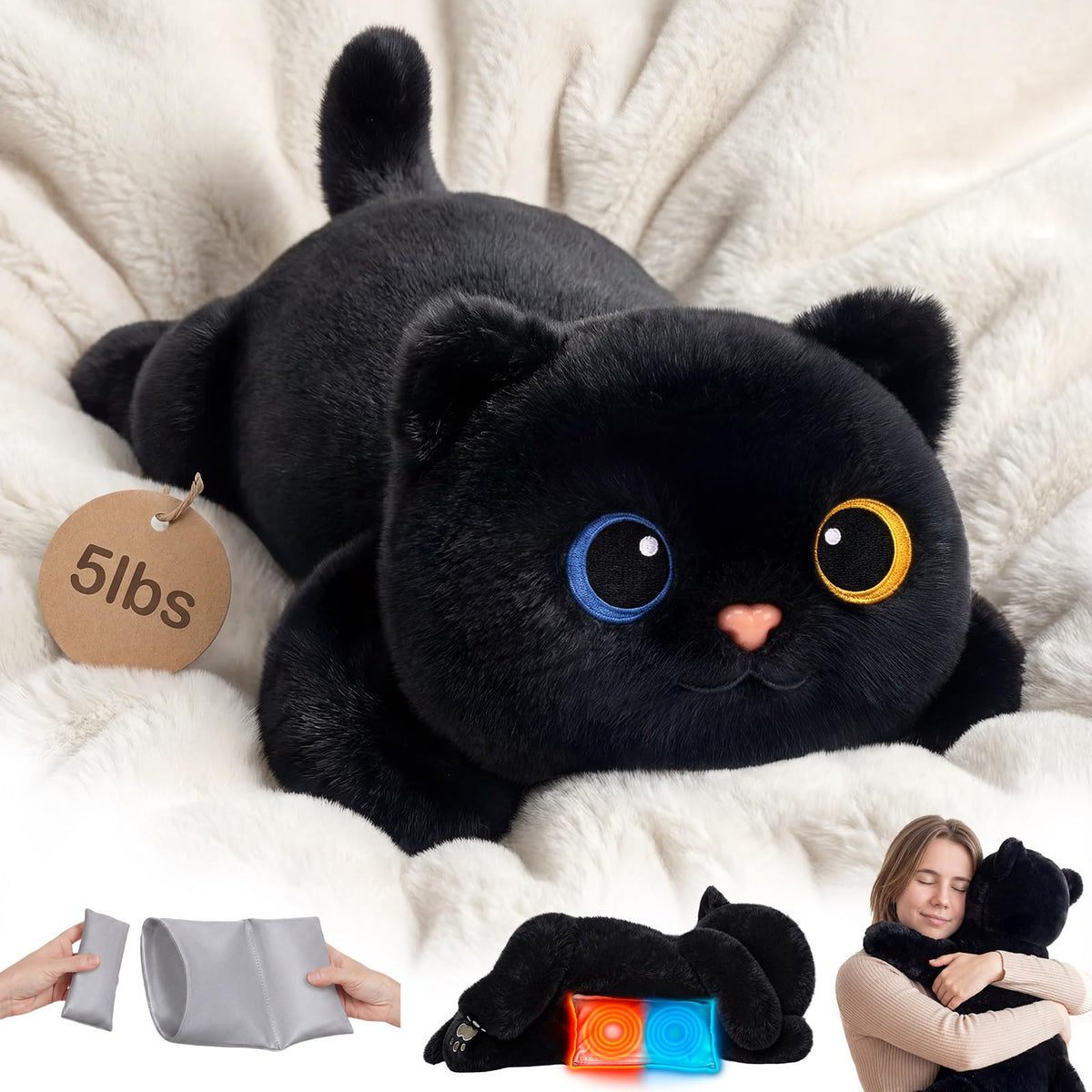 Mewaii Weighted Stuffed Animals Black Cat Plush, Heatable Coolable, 2-5lbs