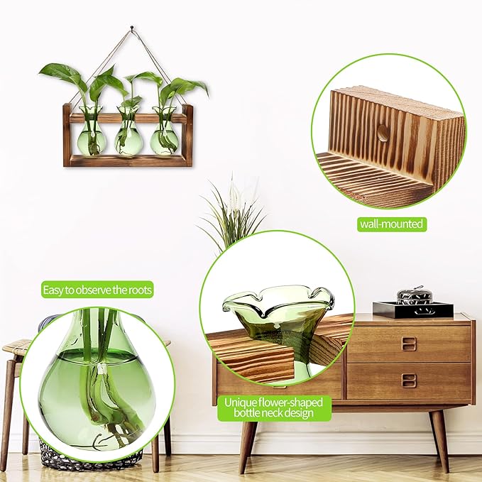 Plant Propagation Station Plant Terrarium Unique Birthday Gifts for Women Plant Lovers Home Office Decor Planter with Wooden Stand - 3 Bulb Glass Vase