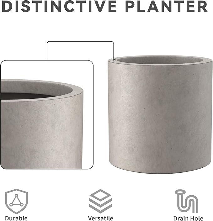 Kante 15.7" Dia Round Concrete Planter, Modern Style Large Cylindrical Plant Pot with Drainage Hole and Rubber Plug for Indoor Outdoor Patio, Weathered Concrete