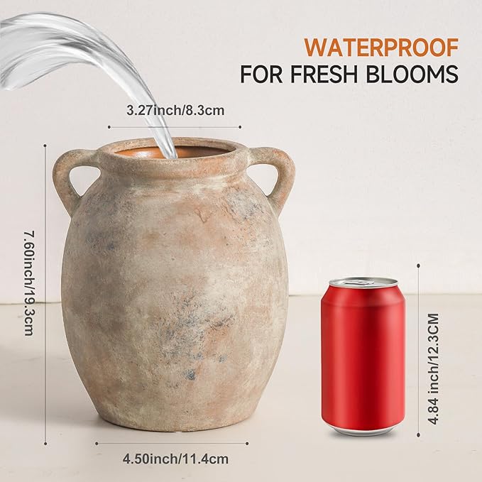Ceramic Flower Vase 7.6 inch Farmhouse Rustic Vase Decorative Pottery Terracotta Vases for Home Decor Table Mantle Fireplace Living Room Bathroom Wedding Centerpiece (Whitewashed)