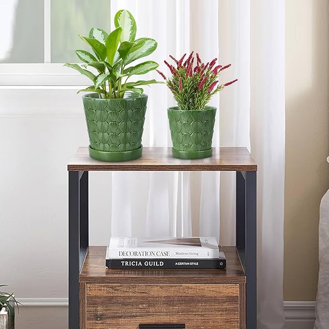 EFISPSS 5+6 Inch Plant Pot, Ceramic Pots for Plants with Drainage, Flower Pots Indoor Pots for Plants, Modern Flower Pots for Home and Office Windowsill Decoration Gift Set of 2 - Patina