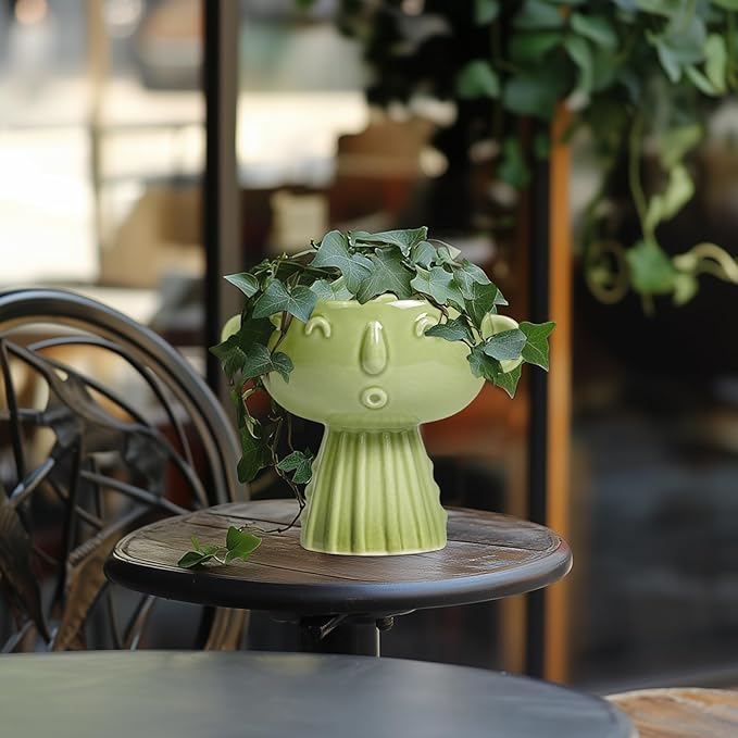 Face Planter Pot - 7 Inch Ceramic Head Planter for Indoor Plants Outdoor, Cute Succulent Flower Pots with Drainage Hole, Room Home Garden Decor, Gardening Gifts, Green