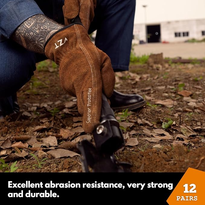 12 Pairs Bulk Leather Work Gloves for Men or Women for Gardening, Construction, Truck, Driving, Farm, Ranch, Woodworker, Soft, Cowhide Thickened, Water Resistant, Brown, 2X-Large
