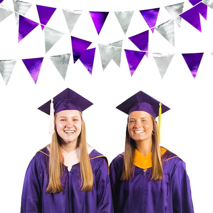 Purple and Silver Party Decorations Triangle Pennant Banner Flag Metallic Fabric Bunting Garland for Birthday Graduation Retirement Bachelorette Wedding Bridal Shower Engagement Disco Party Supplies