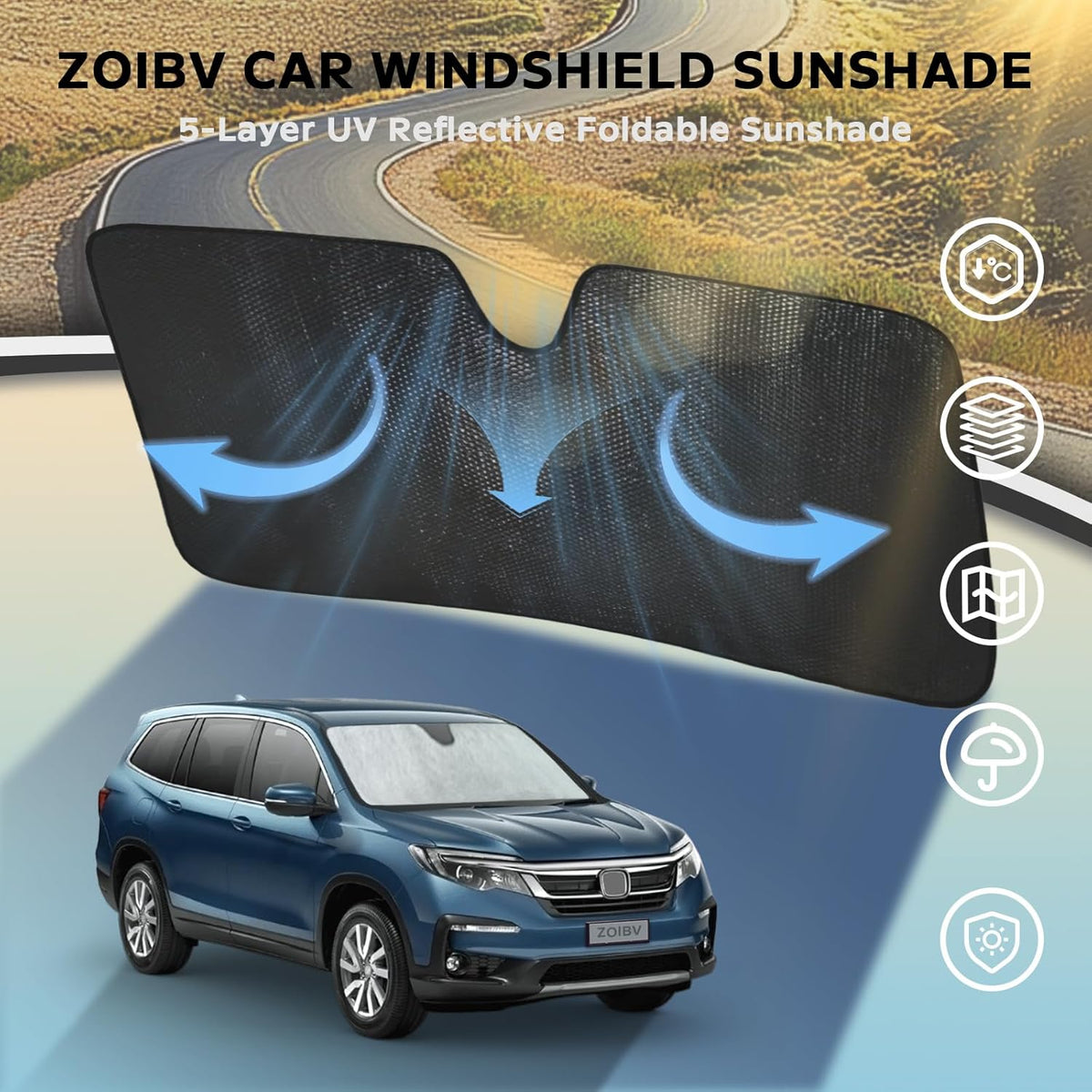 Windshield Sun Shade for Honda Pilot 2016-2024 - 5-Layer Bubble Foldable Front Window Shade Sun Visor Accessories - Blocks Heat & UV Rays